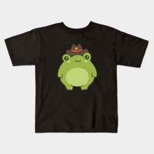 Kawaii Cowboy Frog - Cottagecore Aesthetic Toad with Sheriff Badge - Chubby Wild West Froge Kids T-Shirt